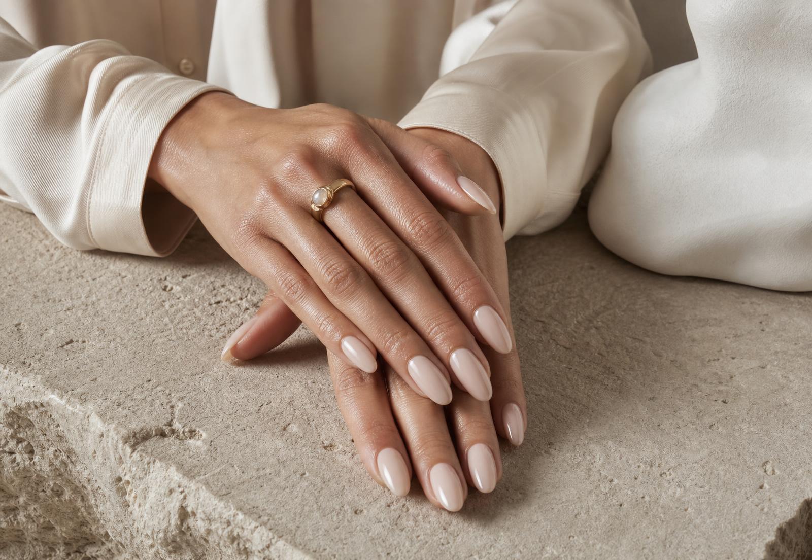 Editorial close-up of manicured hands on stone