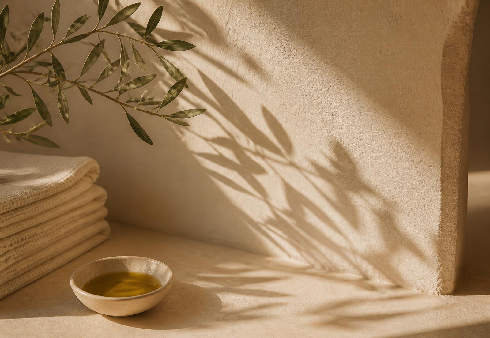 Folded towels and treatment oil in warm afternoon light